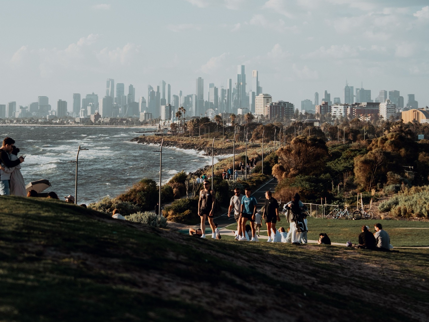 People walking and sitting on a grassy foreshore with a city skyline across the bay